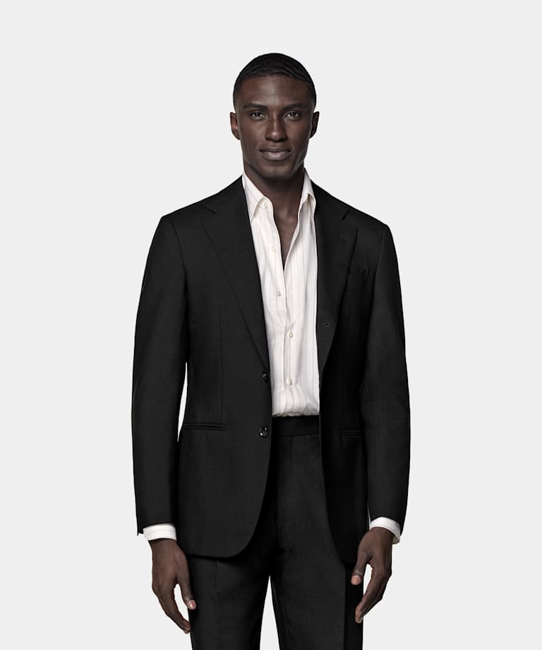 SUITSUPPLY All Season Pure 4-Ply Traveller Wool by Rogna, Italy Black Tailored Fit Havana Suit