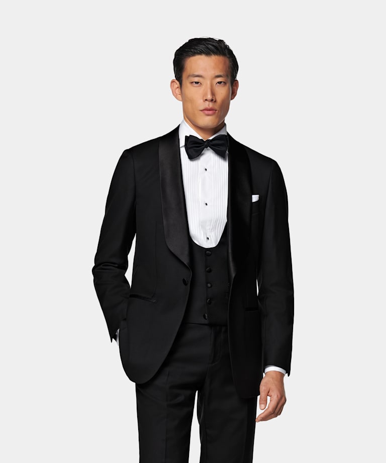 SUITSUPPLY All Season Pure S110's Wool by Vitale Barberis Canonico, Italy Black Three-Piece Tailored Fit Havana Tuxedo
