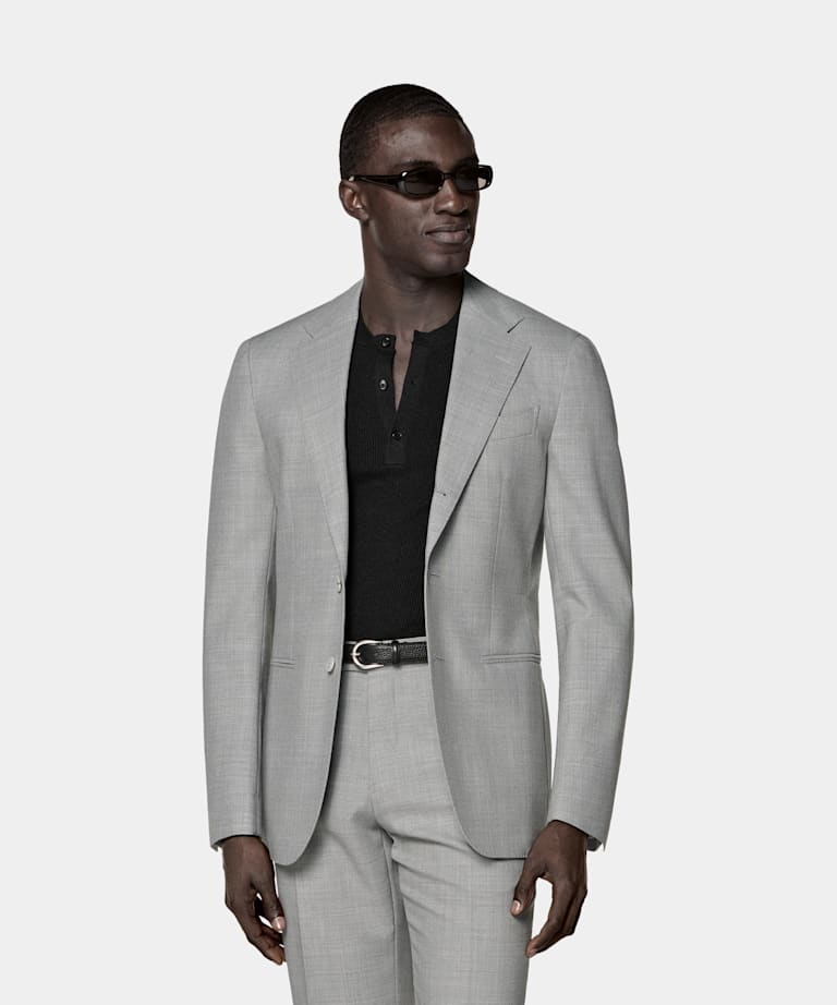 SUITSUPPLY All Season Wrinkle-Free 4-Ply Wool by Rogna, Italy Light Grey Tailored Fit Havana Suit