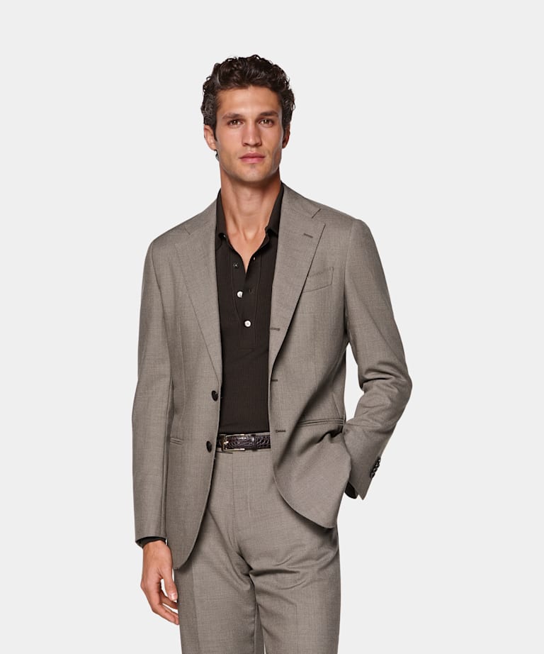 SUITSUPPLY All Season Wrinkle-Free 4-Ply Wool by Rogna, Italy Taupe Tailored Fit Havana Suit