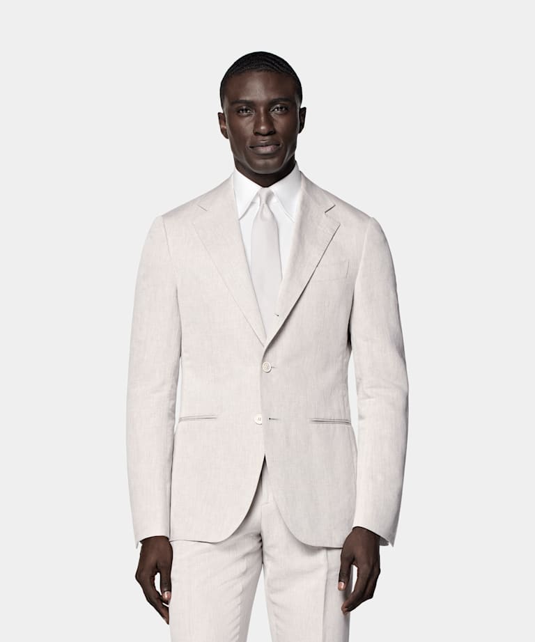 SUITSUPPLY Summer Linen Cotton by Di Sondrio, Italy Light Taupe Tailored Fit Havana Suit