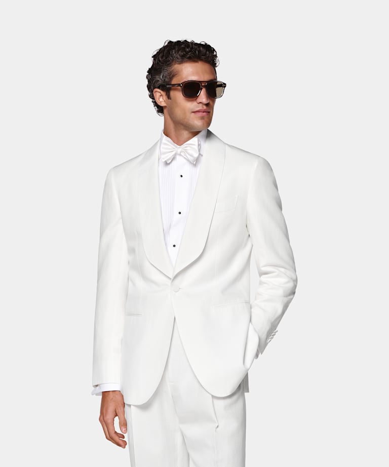 SUITSUPPLY Summer Lyocell Linen Cotton by Di Sondrio, Italy Off-White Tailored Fit Havana Tuxedo