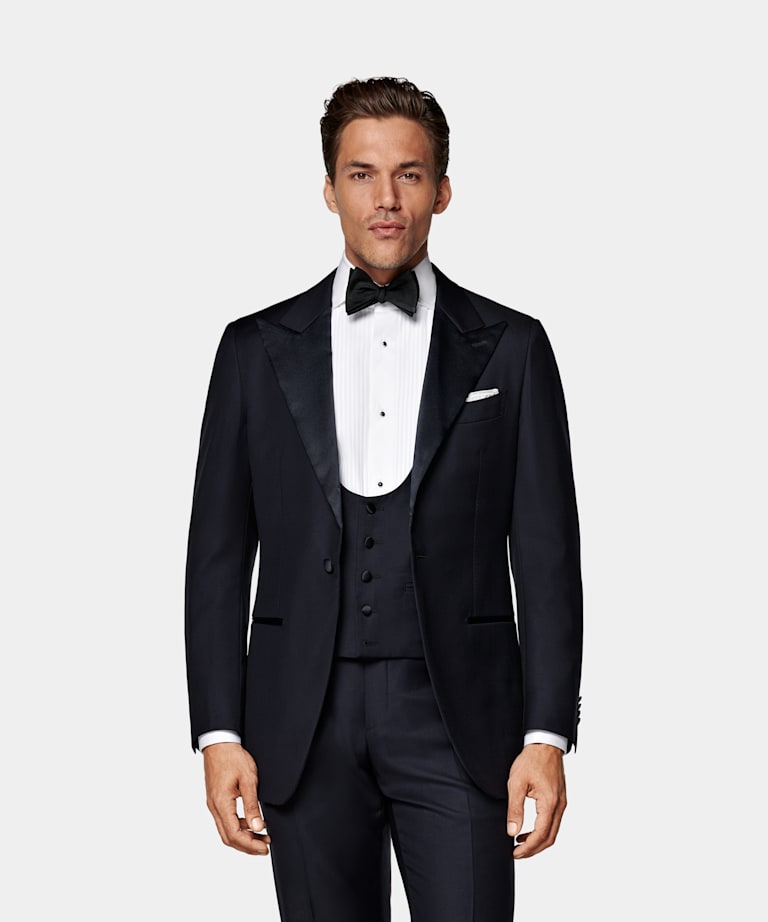SUITSUPPLY All Season Pure S110's Wool by Vitale Barberis Canonico, Italy Navy Three-Piece Tailored Fit Havana Tuxedo