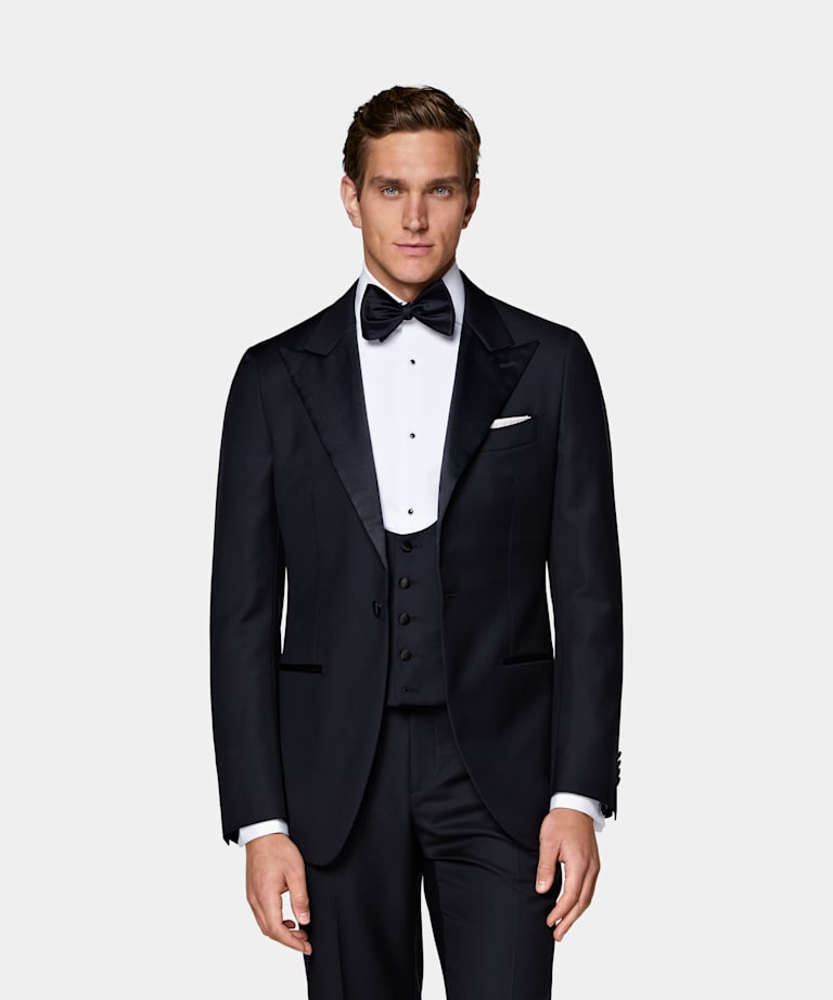 SUITSUPPLY All season Pure laine S110 par Vitale Barberis Canonico, Italie Smoking Havana trois pi&egrave;ces coupe Tailored bleu marine