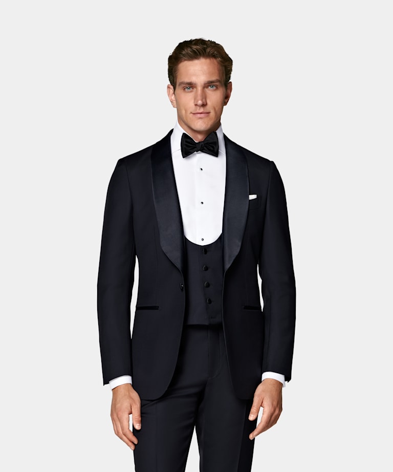 SUITSUPPLY All Season Pura lana S110s de Vitale Barberis Canonico, Italia Esmoquin Havana tres piezas azul marino corte Tailored