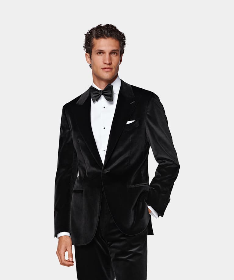 SUITSUPPLY Winter Stretch Cotton Velvet by Pontoglio, Italy Black Tailored Fit Havana Tuxedo