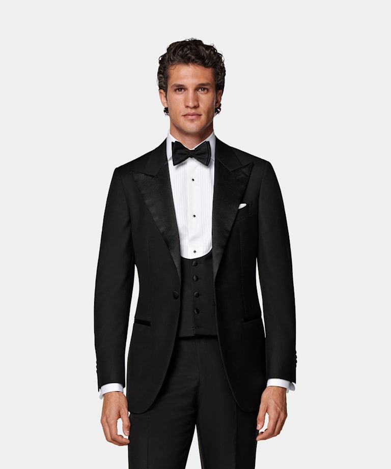 SUITSUPPLY All Season Pure S110's Wool by Vitale Barberis Canonico, Italy Black Three-Piece Tailored Fit Havana Tuxedo