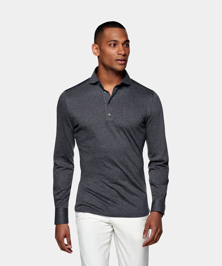 SUITSUPPLY Jersey Knitted Egyptian Cotton by Tessilmaglia, Italy Dark Grey Extra Slim Fit Popover
