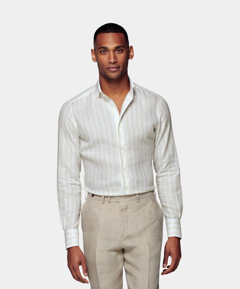 SUITSUPPLY Pure Linen by Leggiuno, Italy Light Brown Striped Slim Fit Shirt