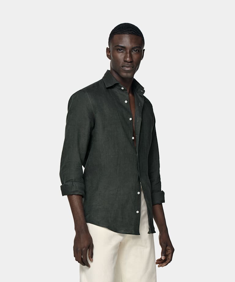 SUITSUPPLY Pure Linen by Leggiuno, Italy Dark Green Slim Fit Shirt