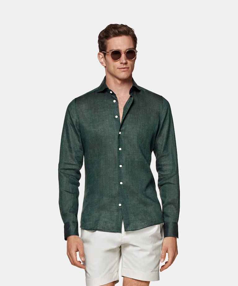 SUITSUPPLY Pure Linen by Albini, Italy Green Slim Fit Shirt