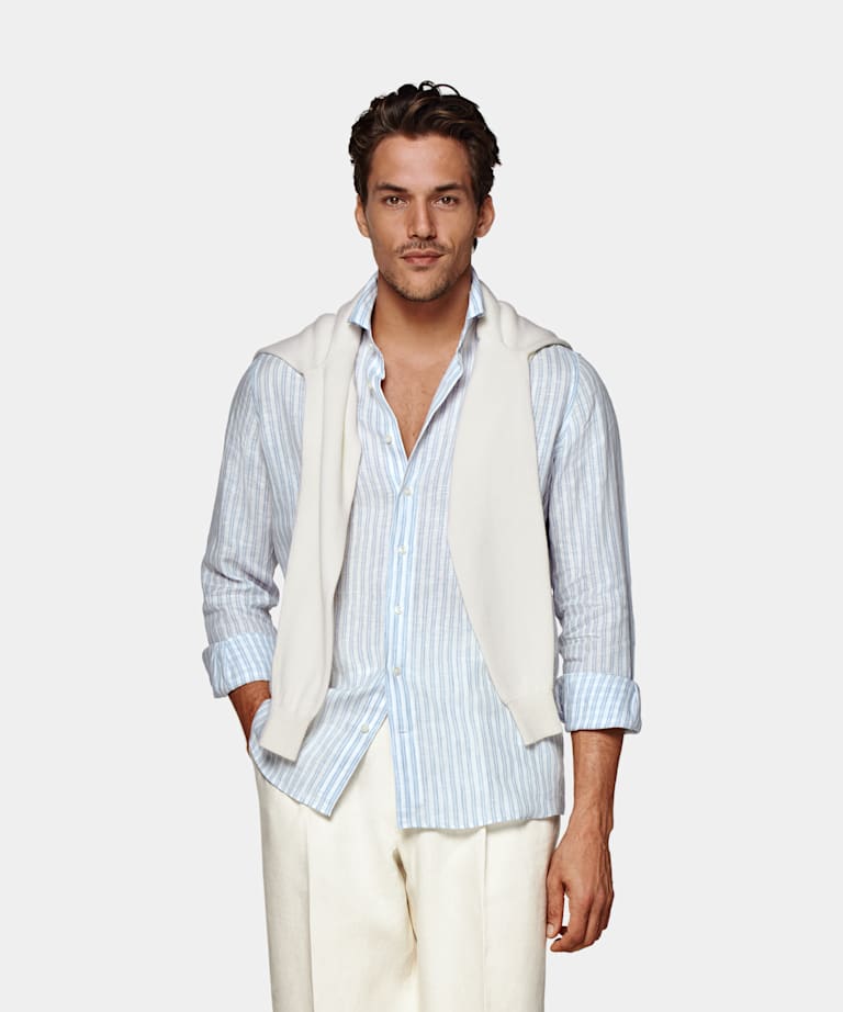 SUITSUPPLY Pure Linen by Albini, Italy Light Blue Striped Slim Fit Shirt