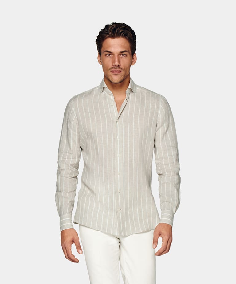 SUITSUPPLY Pure Linen by Albini, Italy Light Brown Striped Slim Fit Shirt