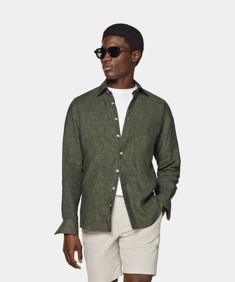 SUITSUPPLY Pure Linen by Leomaster, Italy Green Extra Slim Fit Shirt