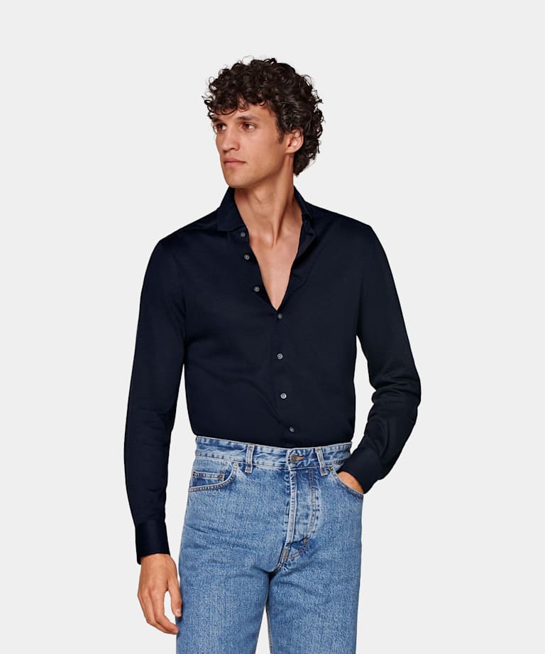 SUITSUPPLY Knitted Egyptian Cotton by Tessilmaglia, Italy Navy Extra Slim Fit Shirt