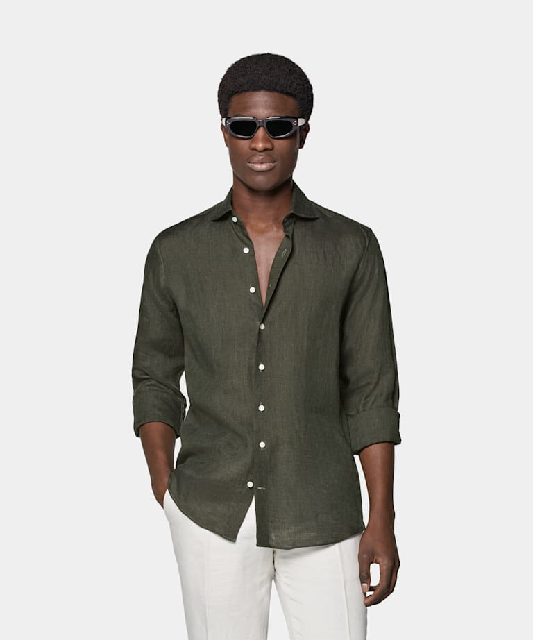 SUITSUPPLY Pure Linen by Albini, Italy Green Slim Fit Shirt