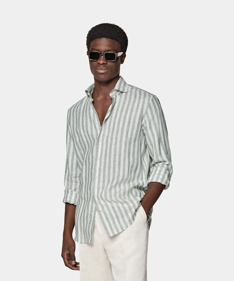 SUITSUPPLY Pure Linen by Albini, Italy Green Striped Extra Slim Fit Shirt