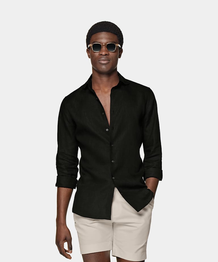 SUITSUPPLY Puro lino de Albini, Italia Camisa negra corte Slim