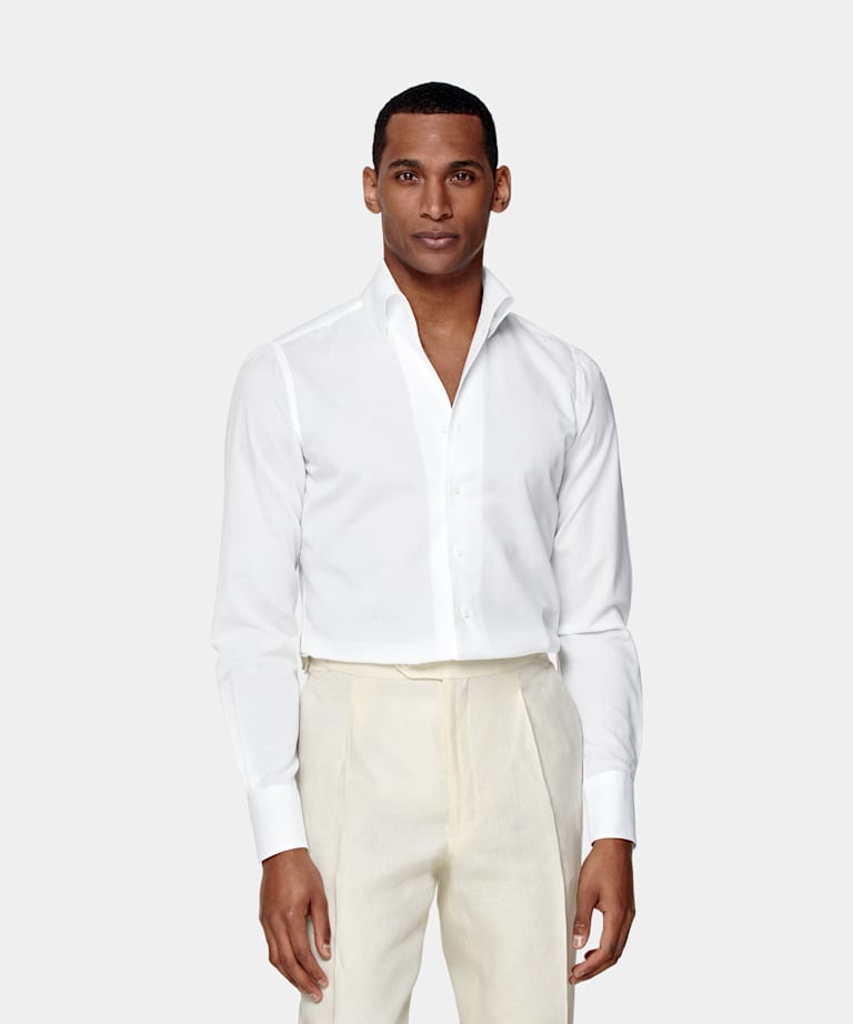 SUITSUPPLY Cotton Linen by Thomas Mason, Italy White One Piece Collar Extra Slim Fit Shirt