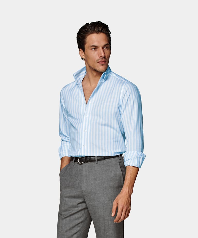 SUITSUPPLY Cotton Linen by Thomas Mason, Italy Light Blue Striped One Piece Collar Extra Slim Fit Shirt