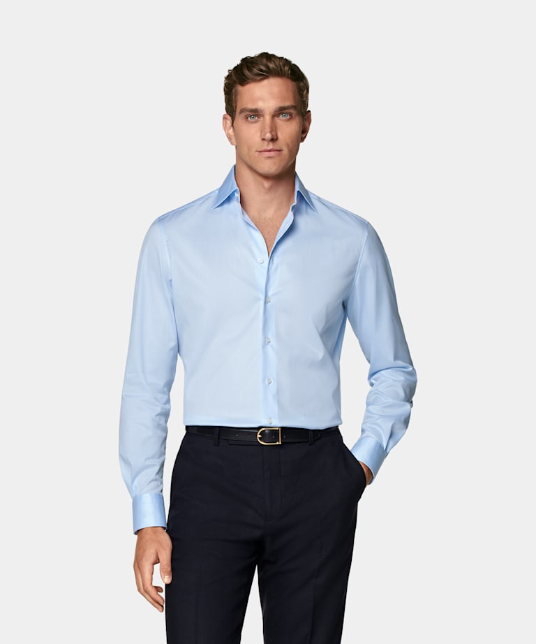 SUITSUPPLY Pima Cotton Traveller by Weba, Switzerland Light Blue Twill Tailored Fit Shirt
