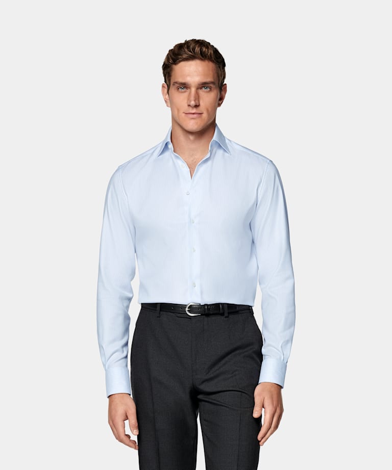 SUITSUPPLY Coton Pima sans repassage - Weba, Suisse Chemise &agrave; rayures bleu clair avec col ample