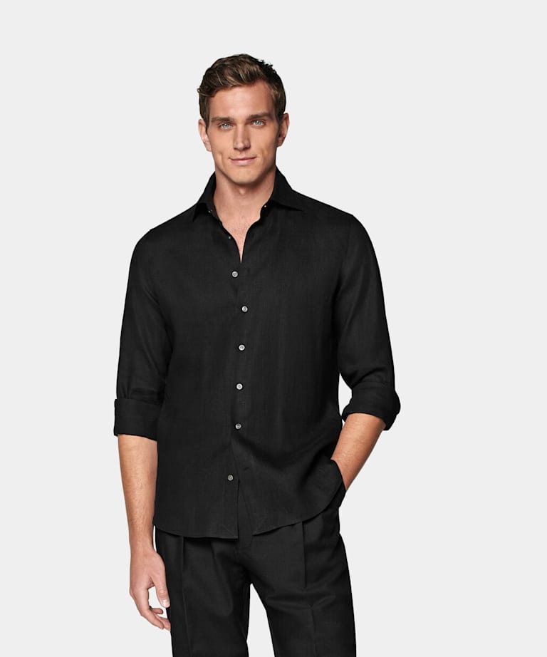 SUITSUPPLY Puro lino - Albini, Italia Camicia nera tailored fit