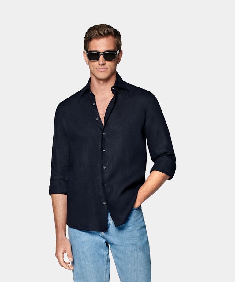 SUITSUPPLY Pure Linen by Albini, Italy Navy Tailored Fit Shirt