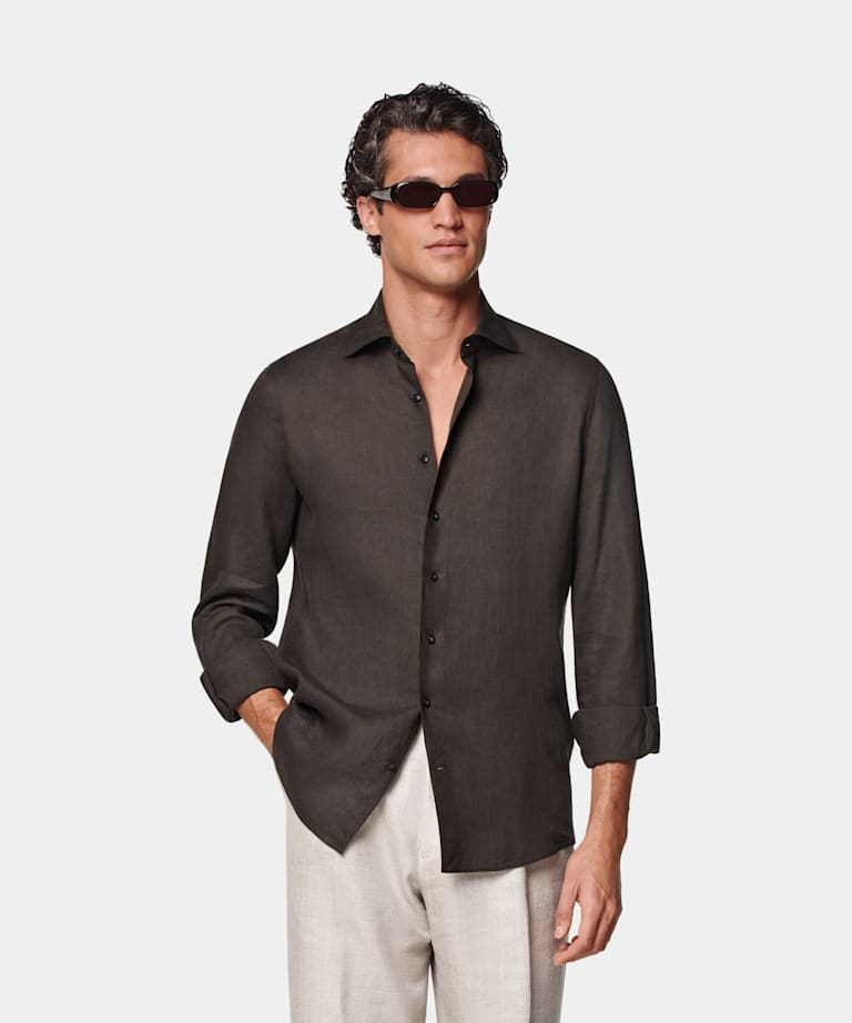 SUITSUPPLY Pure Linen by Albini, Italy Dark Brown Tailored Fit Shirt