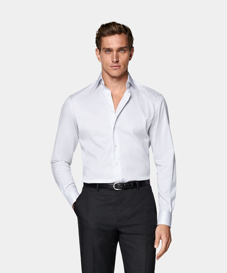 SUITSUPPLY Pima Cotton Traveller by Weba, Switzerland White Striped Twill Tailored Fit Shirt