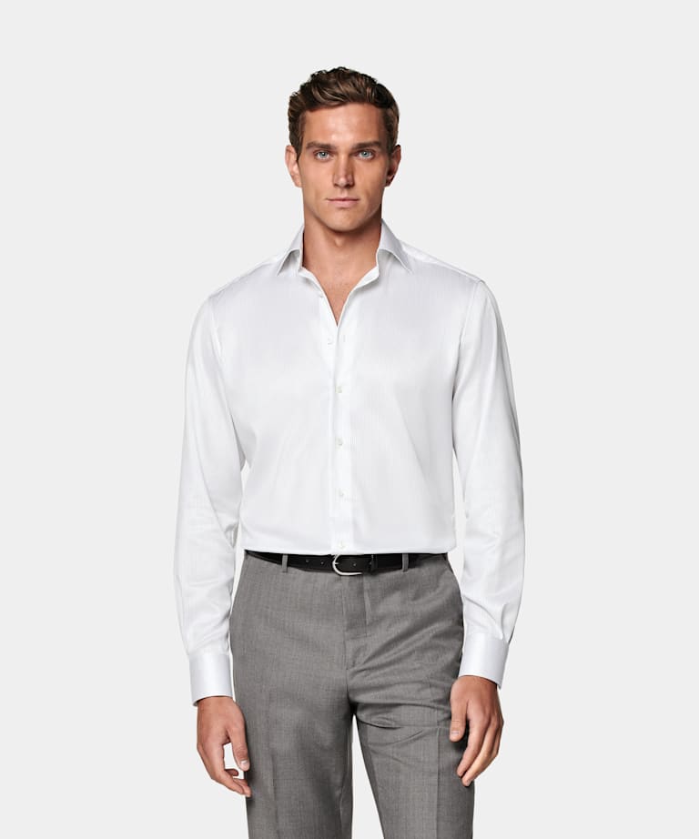 SUITSUPPLY Pima Cotton Traveller by Weba, Switzerland Grey Striped Twill Tailored Fit Shirt