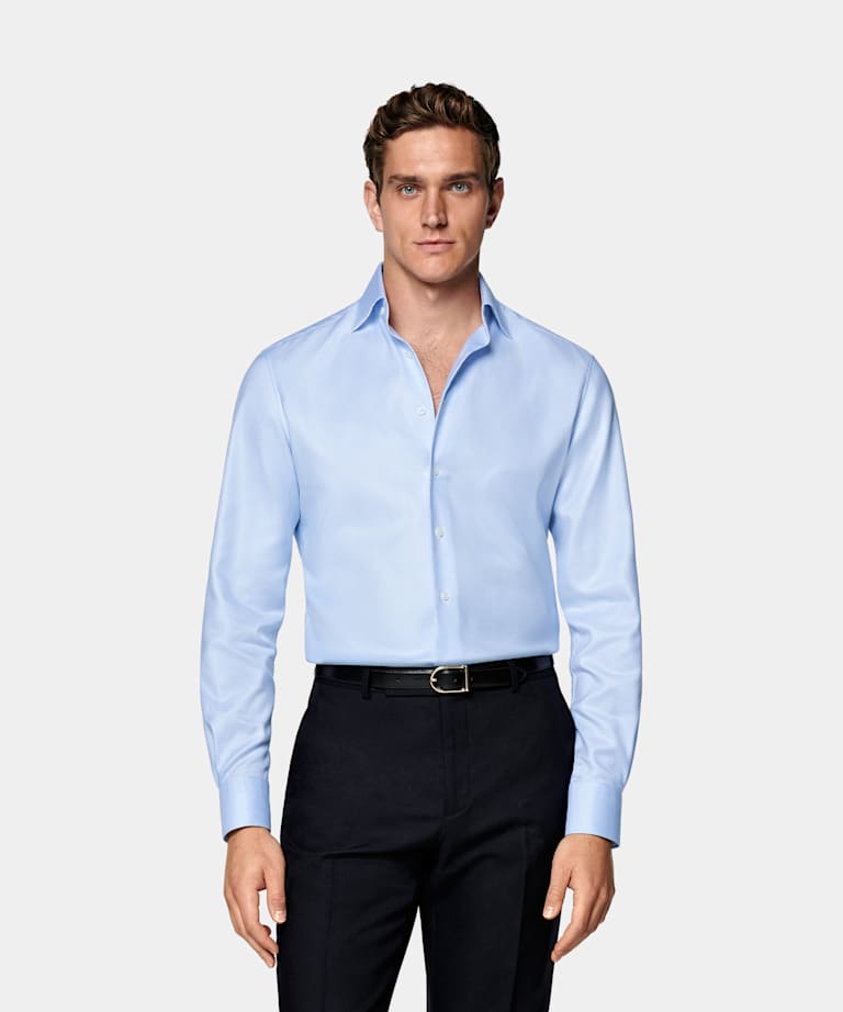 SUITSUPPLY Pima Cotton Traveller by Weba, Switzerland Light Blue Houndstooth Houndstooth Tailored Fit Shirt