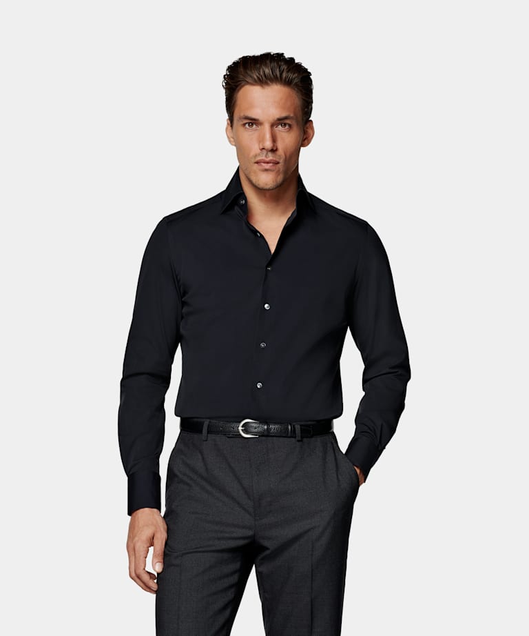 SUITSUPPLY Stretch Cotton Polyamide by Reggiani, Italy Navy Poplin Tailored Fit Shirt