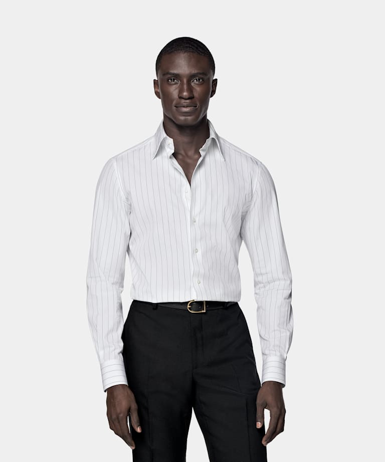 SUITSUPPLY Egyptian Cotton by Thomas Mason, Italy White Striped Point Collar Tailored Fit Shirt