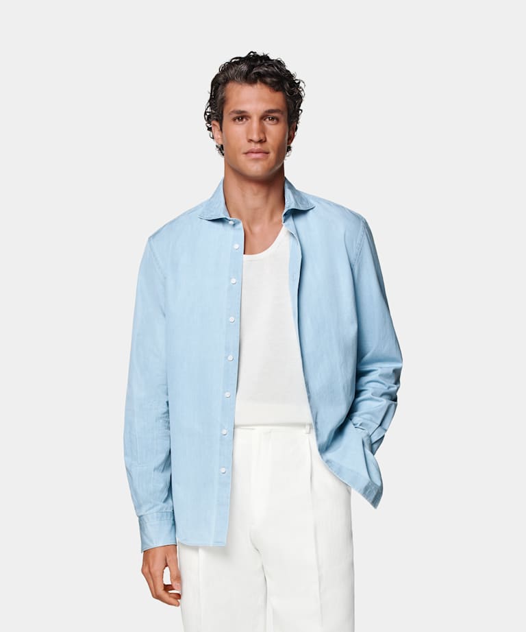 SUITSUPPLY Egyptian Cotton Denim by Albiate, Italy Light Blue Tailored Fit Shirt
