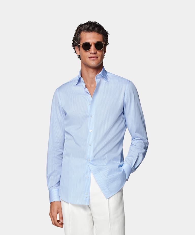 SUITSUPPLY Egyptian Cotton by Albini, Italy Blue Striped Poplin Tailored Fit Shirt