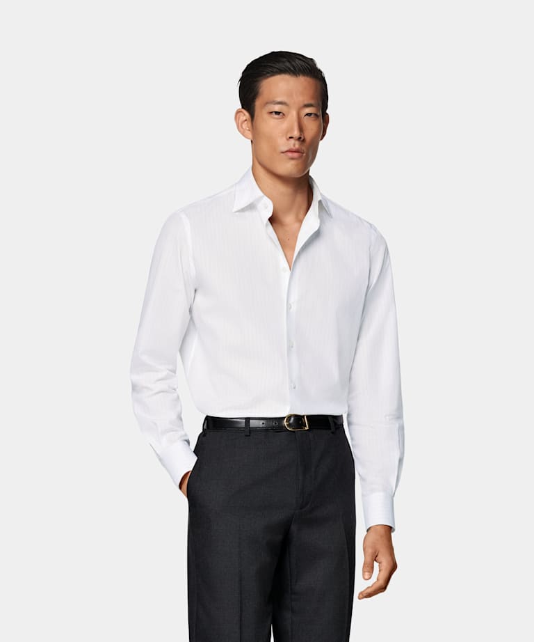 SUITSUPPLY Egyptian Cotton by Albini, Italy Light Grey Striped Poplin Tailored Fit Shirt