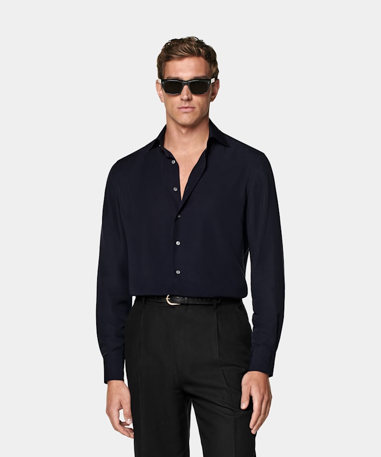 SUITSUPPLY Pure Lyocell by Albini, Italy Navy Tailored Fit Shirt