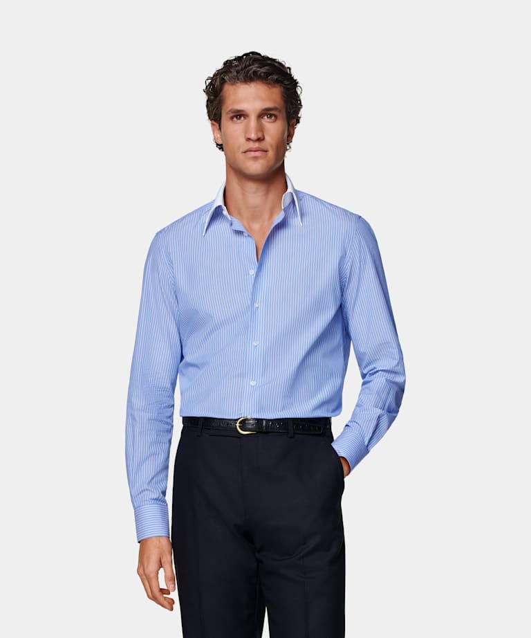 SUITSUPPLY Egyptian Cotton by Albini, Italy Light Blue Striped Tailored Fit Shirt