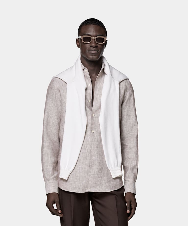 SUITSUPPLY Pures Leinen von Albini, Italien Hemd braun gestreift Tailored Fit