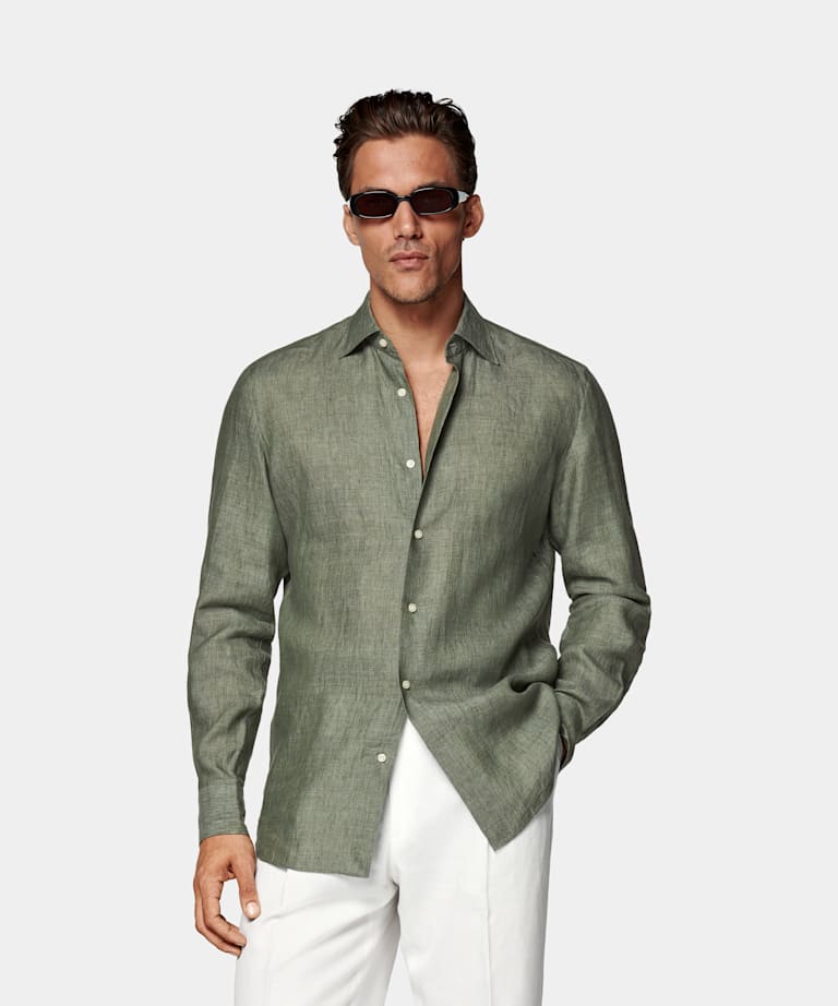 SUITSUPPLY Pure Linen by Albini, Italy Green Tailored Fit Shirt