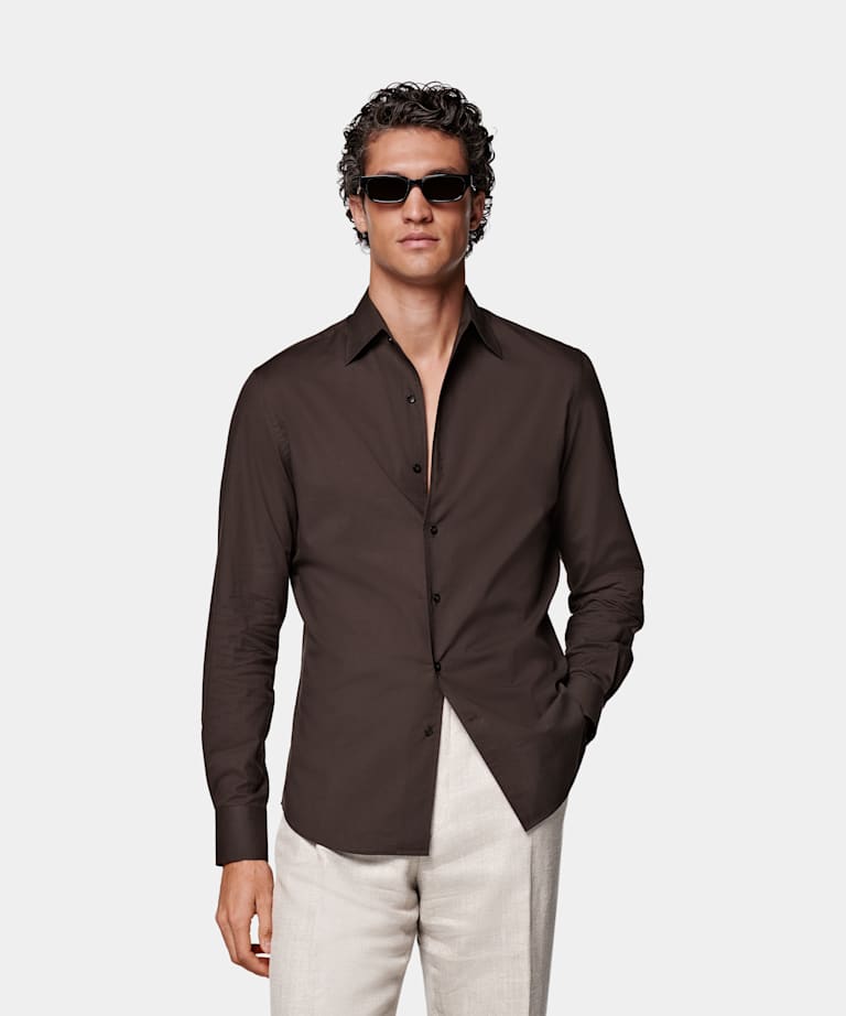 SUITSUPPLY Egyptian Cotton by Albini, Italy Brown Tailored Fit Shirt