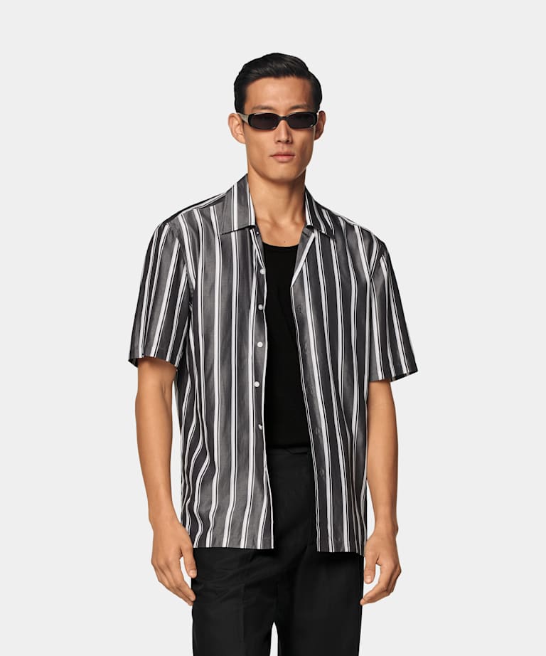 SUITSUPPLY Pure Lyocell by Albini, Italy Black Striped Tailored Fit Short Sleeve Shirt