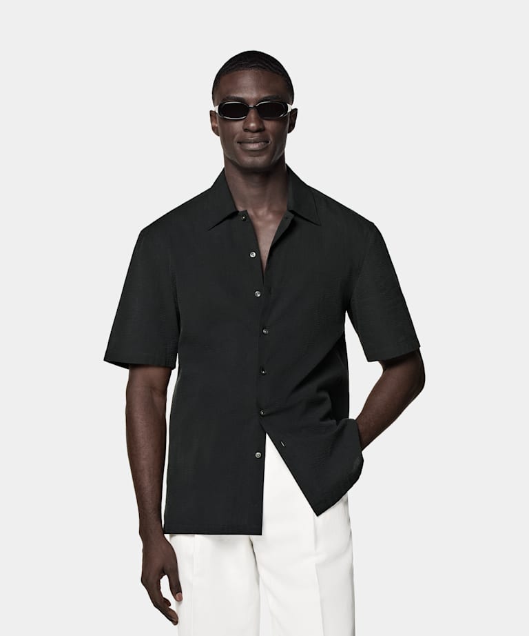 SUITSUPPLY Egyptian Cotton by Testa 1919 Srl, Italy Black Tailored Fit Short Sleeve Shirt
