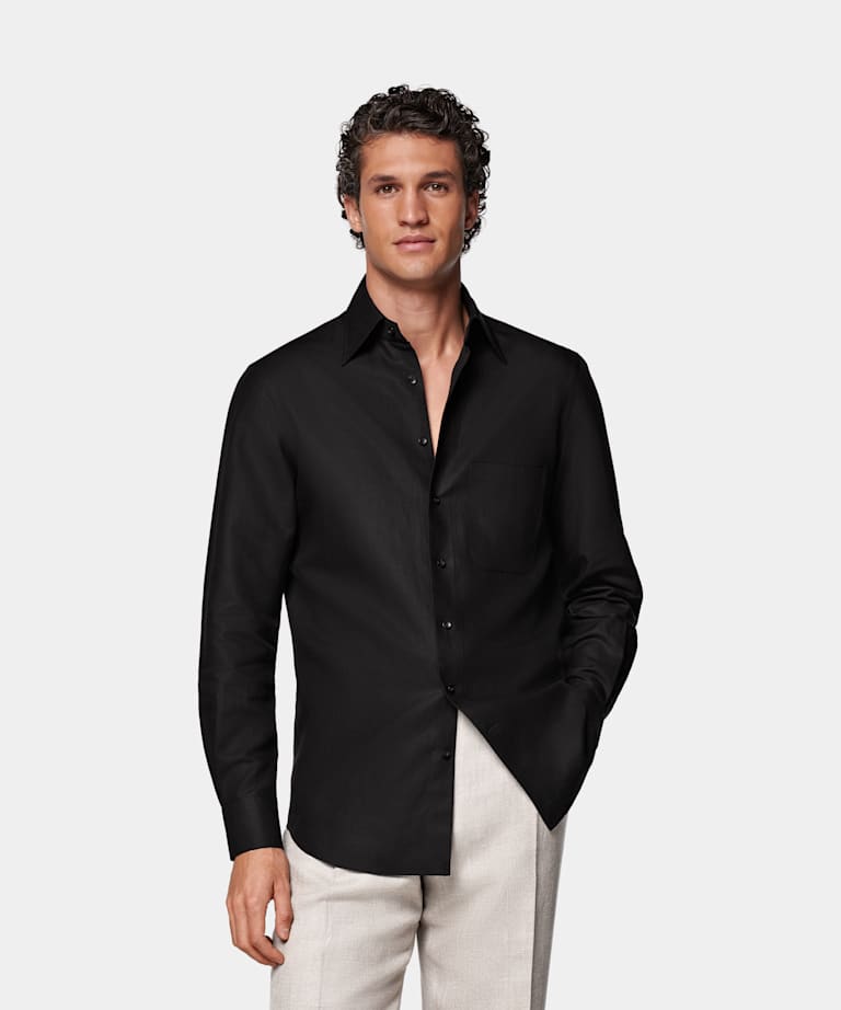 SUITSUPPLY Lyocell, Linen & Cotton by Di Sondrio, Italy Black Relaxed Fit Shirt