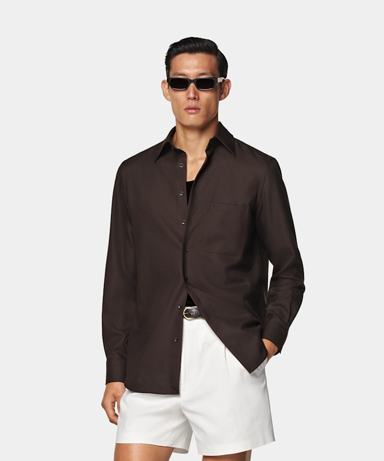 SUITSUPPLY Pure Wool by Vitale Barberis Canonico, Italy Dark Brown Relaxed Fit Shirt