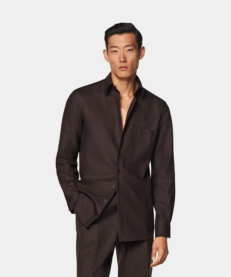 SUITSUPPLY Pure Wool by Vitale Barberis Canonico, Italy Dark Brown Relaxed Fit Shirt