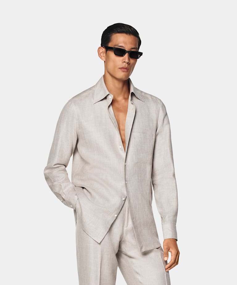 SUITSUPPLY Seide Leinen Schurwolle von E.Thomas, Italien Hemd helltaupe Relaxed Fit