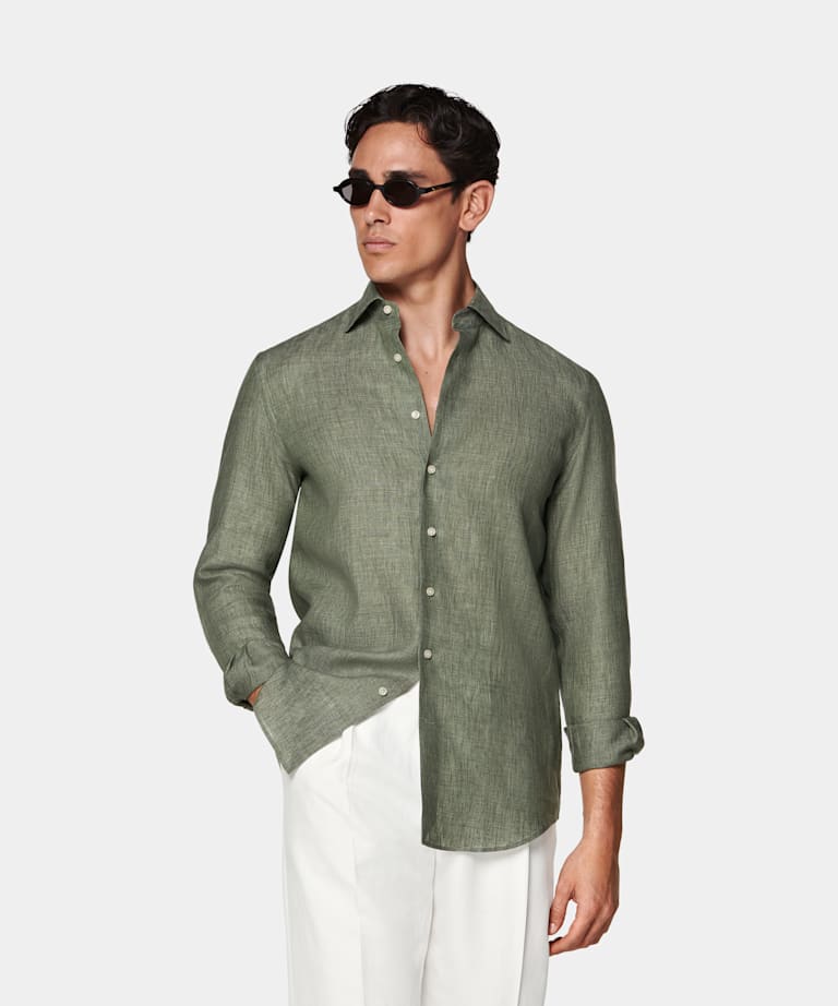 SUITSUPPLY Pure Linen by Albini, Italy Green Relaxed Fit Shirt
