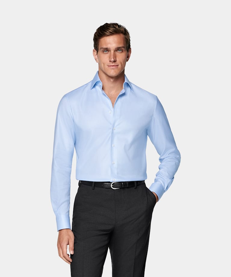SUITSUPPLY Wrinkle-Free Pima Cotton by Weba, Switzerland Light Blue Houndstooth Tailored Fit Shirt